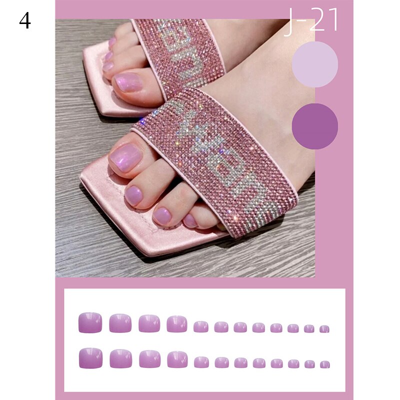 False Toenail 24Pcs/Box Toe Nail 3D Glitter Decor Press On Fake Nails With Glue Detachable Square Short Full Cover DIY Nail Tips B-4