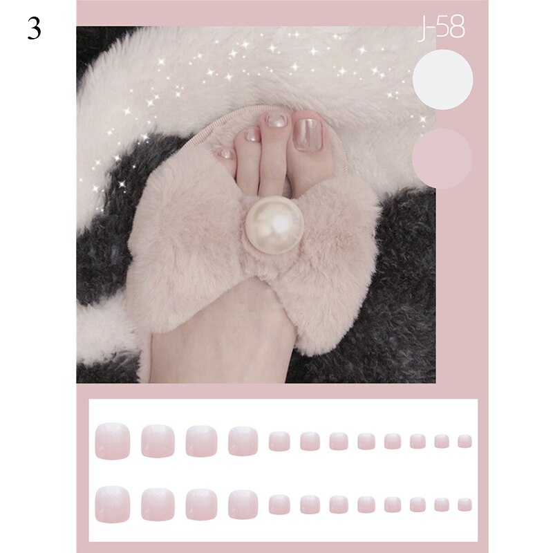 False Toenail 24Pcs/Box Toe Nail 3D Glitter Decor Press On Fake Nails With Glue Detachable Square Short Full Cover DIY Nail Tips B-3