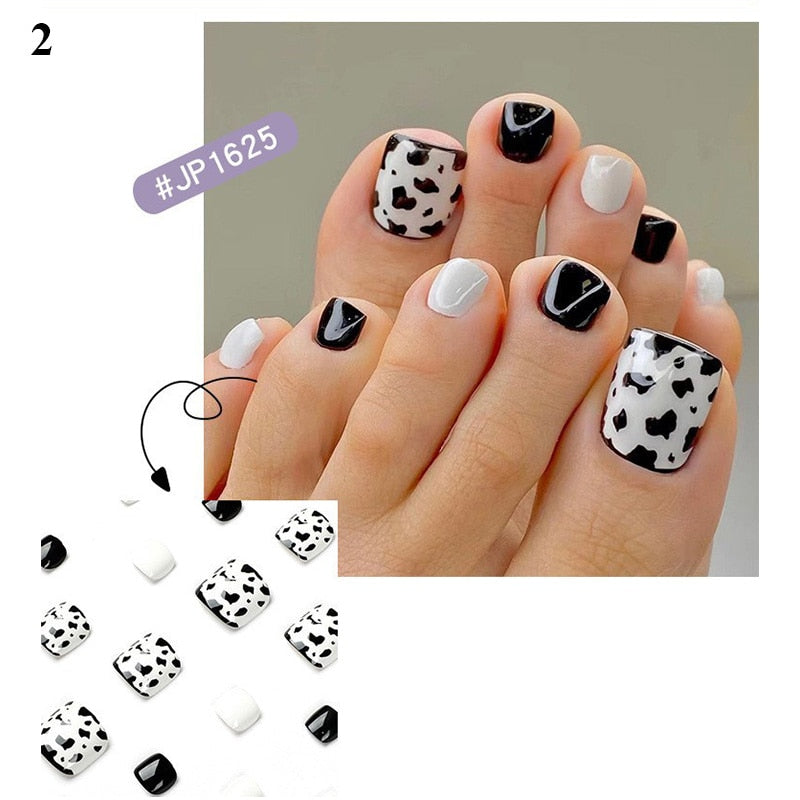 False Toenail 24Pcs/Box Toe Nail 3D Glitter Decor Press On Fake Nails With Glue Detachable Square Short Full Cover DIY Nail Tips 2