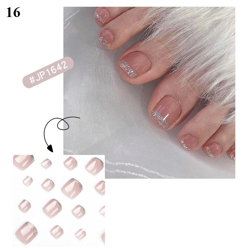 False Toenail 24Pcs/Box Toe Nail 3D Glitter Decor Press On Fake Nails With Glue Detachable Square Short Full Cover DIY Nail Tips 16
