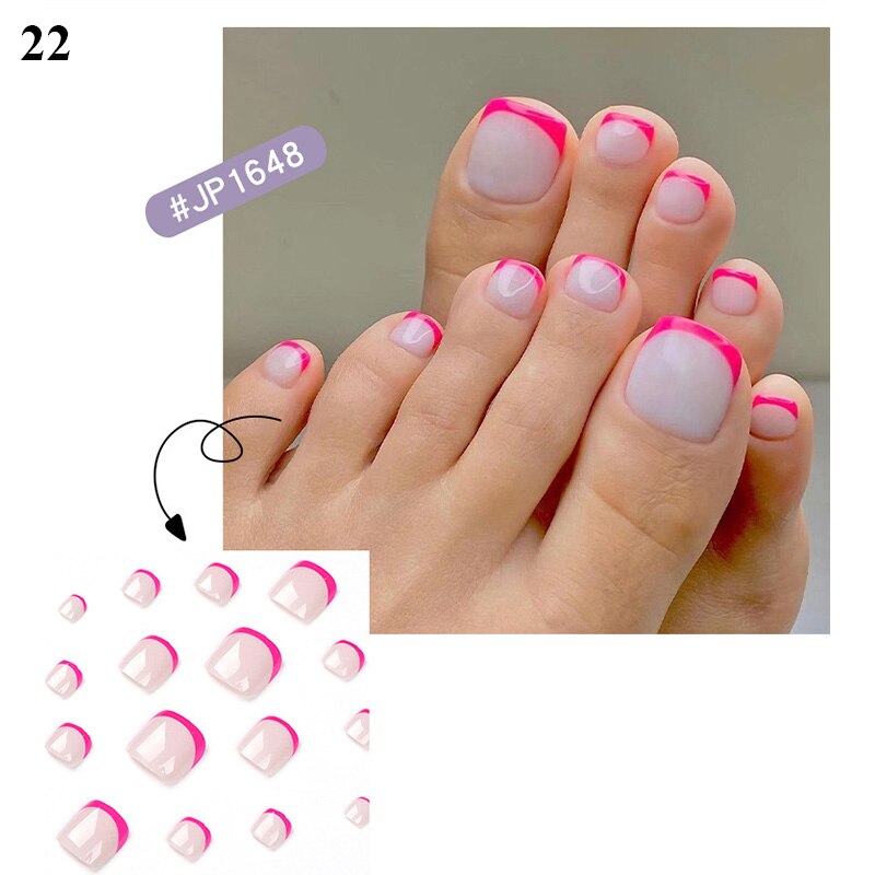 False Toenail 24Pcs/Box Toe Nail 3D Glitter Decor Press On Fake Nails With Glue Detachable Square Short Full Cover DIY Nail Tips 22