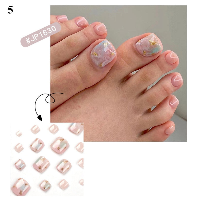 False Toenail 24Pcs/Box Toe Nail 3D Glitter Decor Press On Fake Nails With Glue Detachable Square Short Full Cover DIY Nail Tips 5