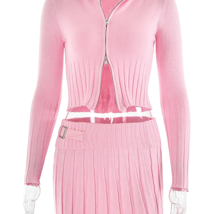 Fantoye Knit Sweater Two Piece Sets Women Tracksuit Long Sleeve Double Zipper Skirt Suit Female Solid Casual Knit Sweatshirt Set