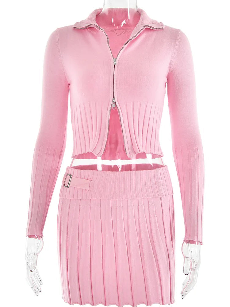 Fantoye Knit Sweater Two Piece Sets Women Tracksuit Long Sleeve Double Zipper Skirt Suit Female Solid Casual Knit Sweatshirt Set