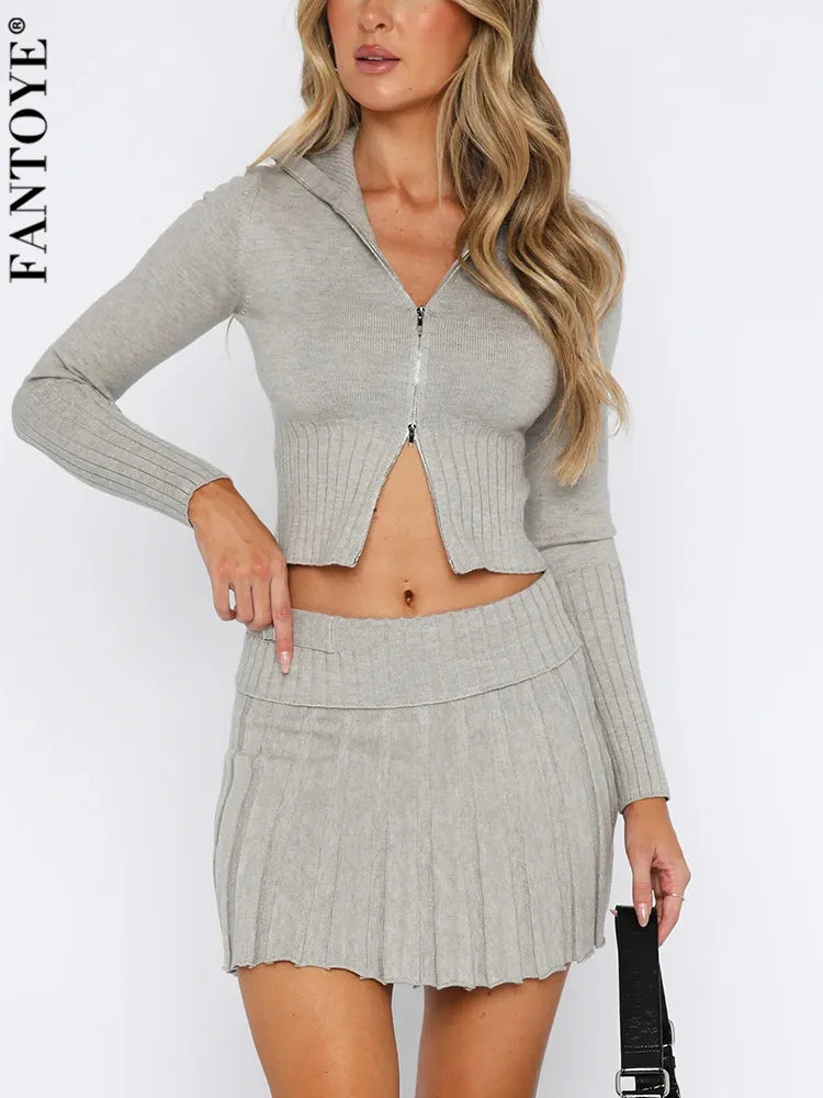 Fantoye Knit Sweater Two Piece Sets Women Tracksuit Long Sleeve Double Zipper Skirt Suit Female Solid Casual Knit Sweatshirt Set
