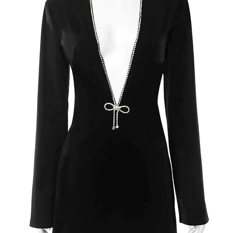 Fantoye Sexy Deep V-neck Diamonds Sparkling Women Dress Black Long Sleeve Evening Dress Autumn Slim Elegant Party Clubwear 2023