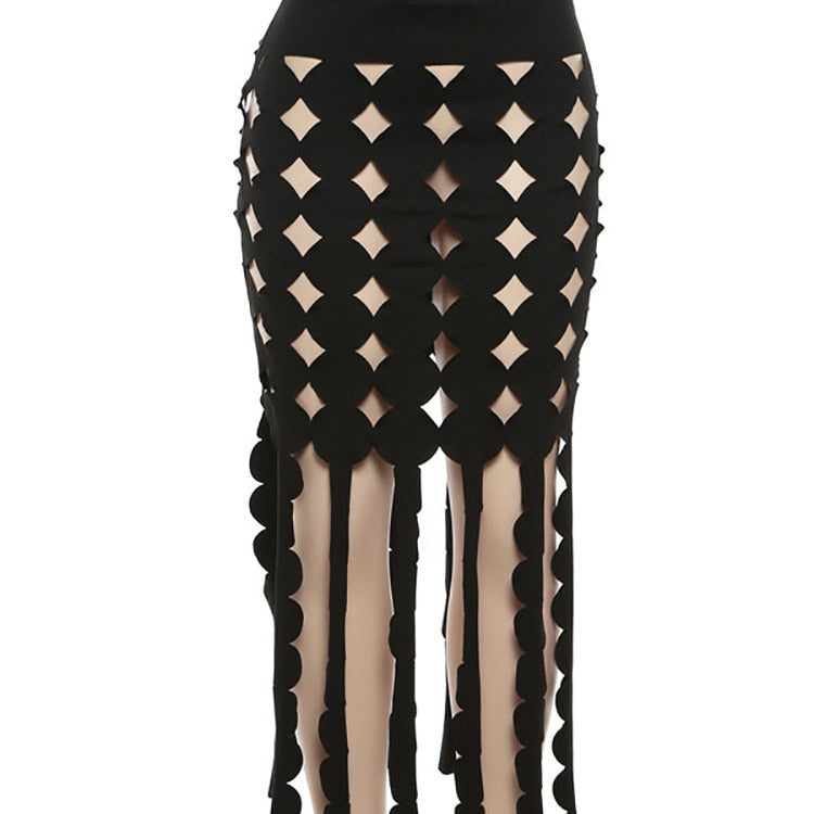 Fantoye Sexy Hollow Out A-line Women Skirt Black See Through High Waist Skirt Female Summer New Slim Elegant Party Clubwear 2024