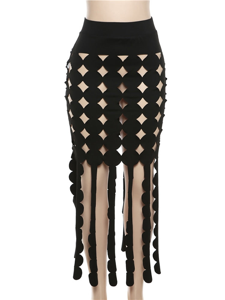 Fantoye Sexy Hollow Out A-line Women Skirt Black See Through High Waist Skirt Female Summer New Slim Elegant Party Clubwear 2024