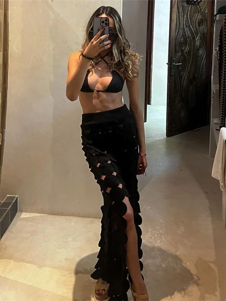 Fantoye Sexy Hollow Out A-line Women Skirt Black See Through High Waist Skirt Female Summer New Slim Elegant Party Clubwear 2024