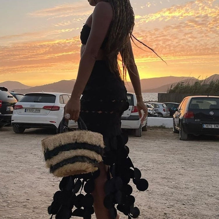 Fantoye Sexy Hollow Out A-line Women Skirt Black See Through High Waist Skirt Female Summer New Slim Elegant Party Clubwear 2024