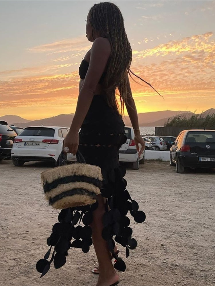 Fantoye Sexy Hollow Out A-line Women Skirt Black See Through High Waist Skirt Female Summer New Slim Elegant Party Clubwear 2024