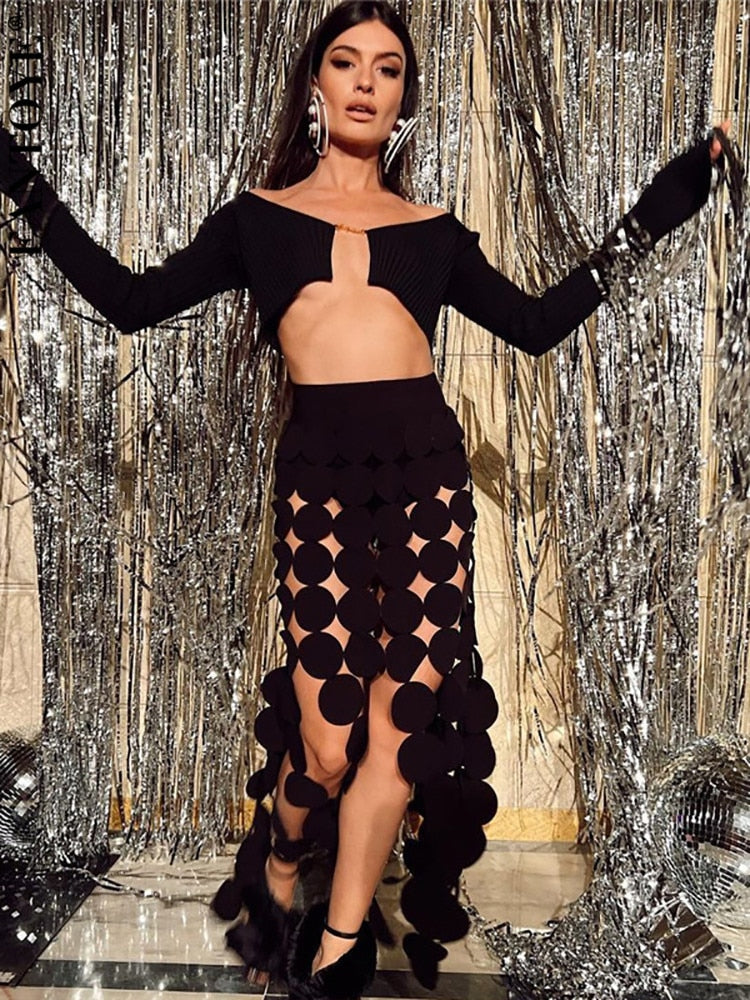 Fantoye Sexy Hollow Out A-line Women Skirt Black See Through High Waist Skirt Female Summer New Slim Elegant Party Clubwear 2024 Black