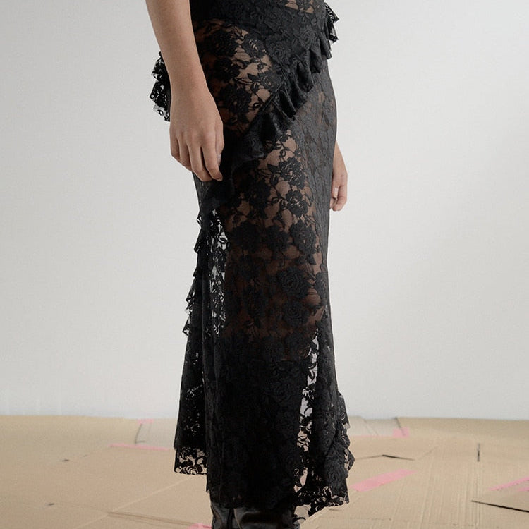 Fantoye Sexy See Through Lace Women Skirt Black High Waist Floral Y2k Skirt Femme Summer Casual Vacation Outside Streetwear 2024