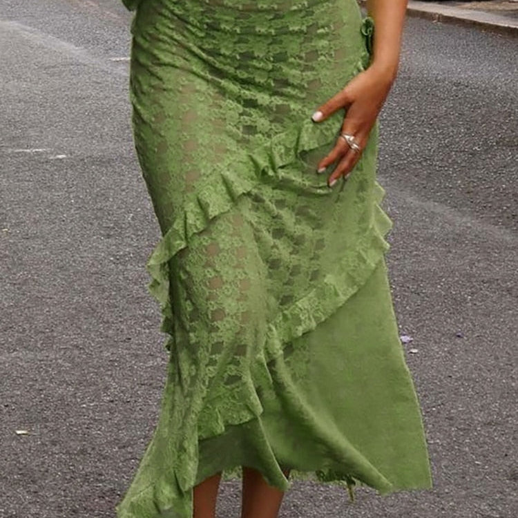 Fantoye Sexy See Through Lace Women Skirt Black High Waist Floral Y2k Skirt Femme Summer Casual Vacation Outside Streetwear 2024