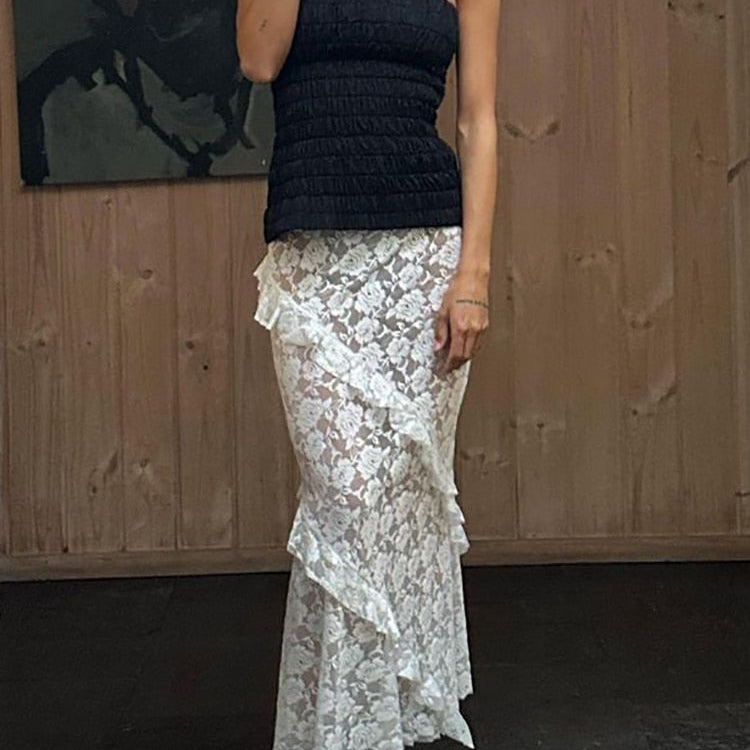 Fantoye Sexy See Through Lace Women Skirt Black High Waist Floral Y2k Skirt Femme Summer Casual Vacation Outside Streetwear 2024 White