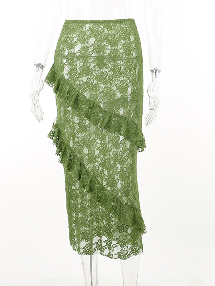 Fantoye Sexy See Through Lace Women Skirt Black High Waist Floral Y2k Skirt Femme Summer Casual Vacation Outside Streetwear 2024