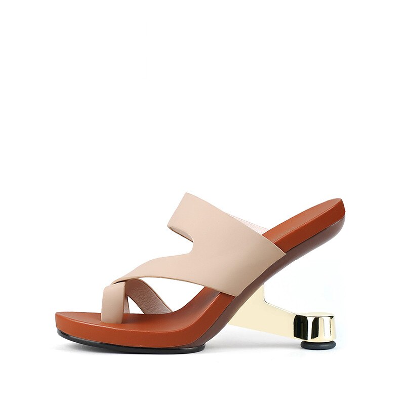 Fashion Apricot Leather Women Slippers Outside Iron Strange High Heels Flip Flops Size40 Grey Prom Party Slides Elegant Sandals apricot