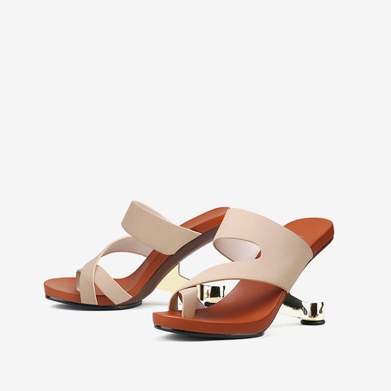 Fashion Apricot Leather Women Slippers Outside Iron Strange High Heels Flip Flops Size40 Grey Prom Party Slides Elegant Sandals