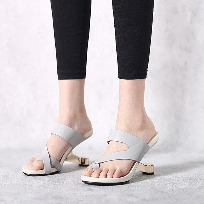 Fashion Apricot Leather Women Slippers Outside Iron Strange High Heels Flip Flops Size40 Grey Prom Party Slides Elegant Sandals