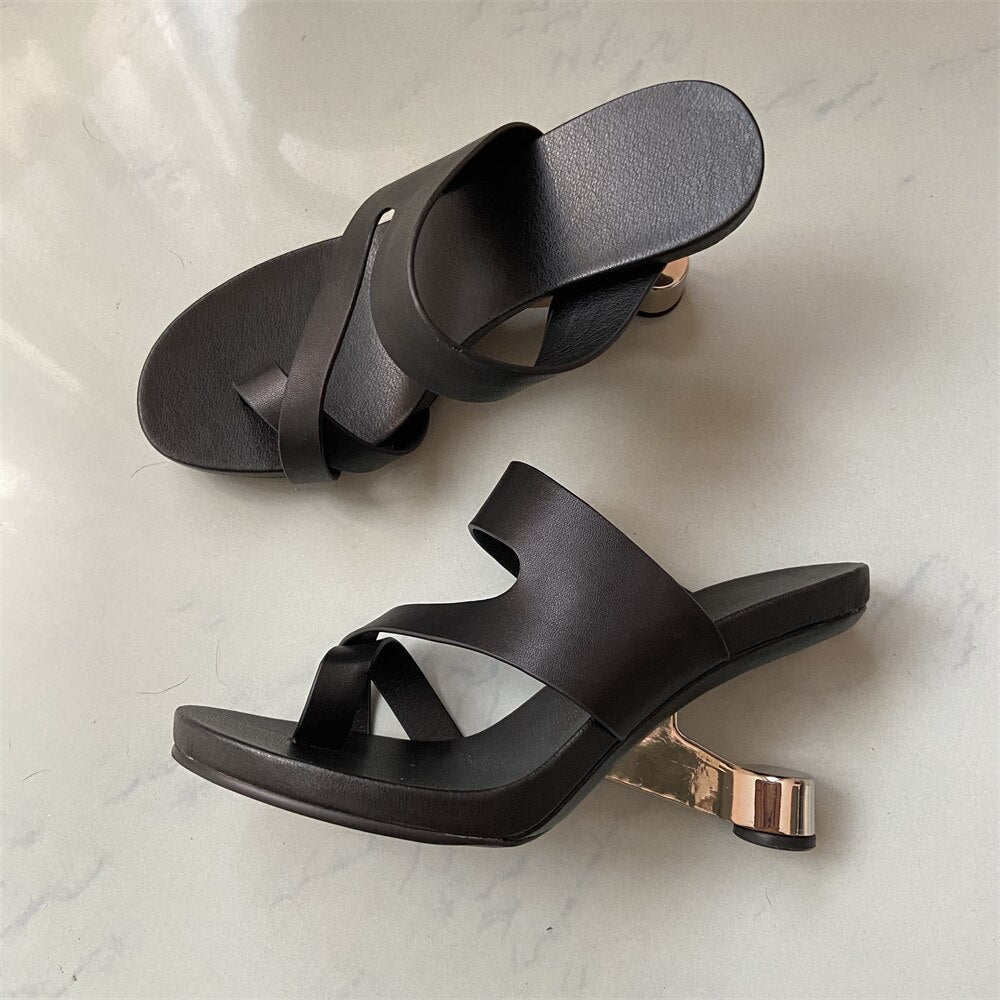 Fashion Apricot Leather Women Slippers Outside Iron Strange High Heels Flip Flops Size40 Grey Prom Party Slides Elegant Sandals Black
