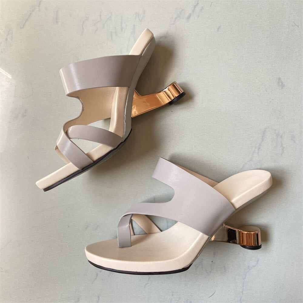 Fashion Apricot Leather Women Slippers Outside Iron Strange High Heels Flip Flops Size40 Grey Prom Party Slides Elegant Sandals Gray