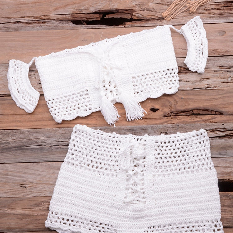 Fashion Beach Bikini Set Knitting Swimsuit Crochet Bohemia Style Off Shoulder Bathing Handmade Tassels Sexy Bikini Bra