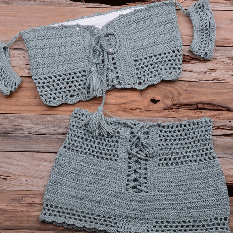 Fashion Beach Bikini Set Knitting Swimsuit Crochet Bohemia Style Off Shoulder Bathing Handmade Tassels Sexy Bikini Bra