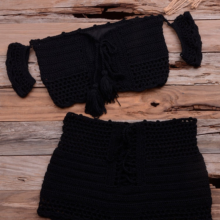 Fashion Beach Bikini Set Knitting Swimsuit Crochet Bohemia Style Off Shoulder Bathing Handmade Tassels Sexy Bikini Bra