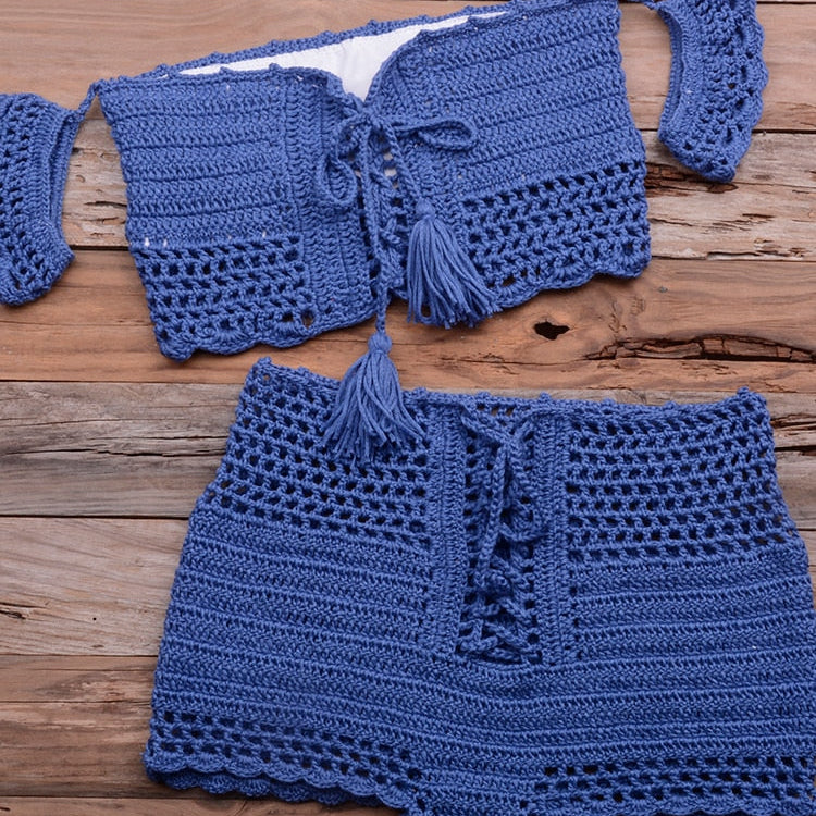 Fashion Beach Bikini Set Knitting Swimsuit Crochet Bohemia Style Off Shoulder Bathing Handmade Tassels Sexy Bikini Bra