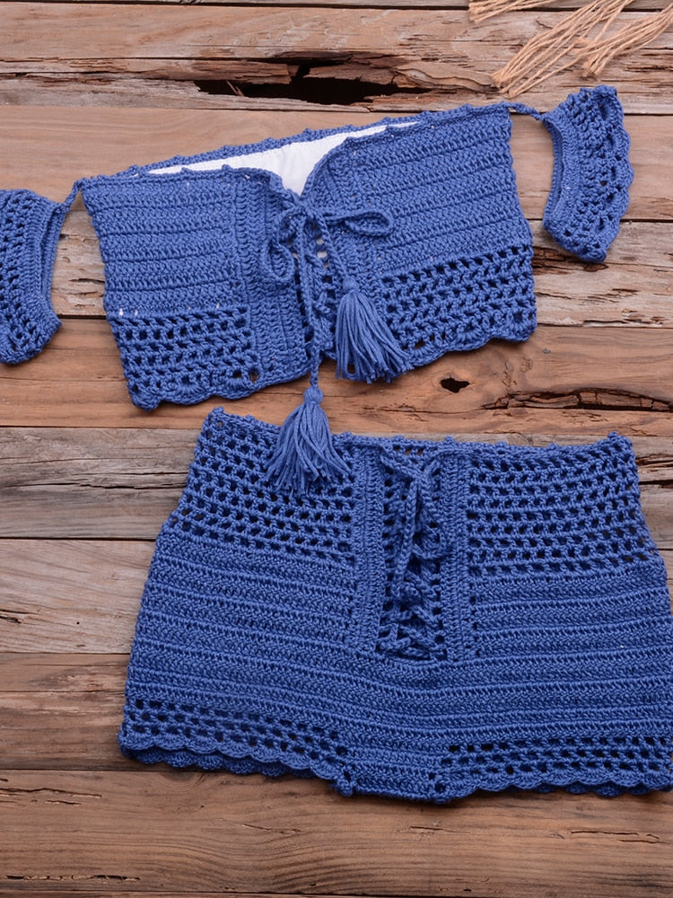 Fashion Beach Bikini Set Knitting Swimsuit Crochet Bohemia Style Off Shoulder Bathing Handmade Tassels Sexy Bikini Bra