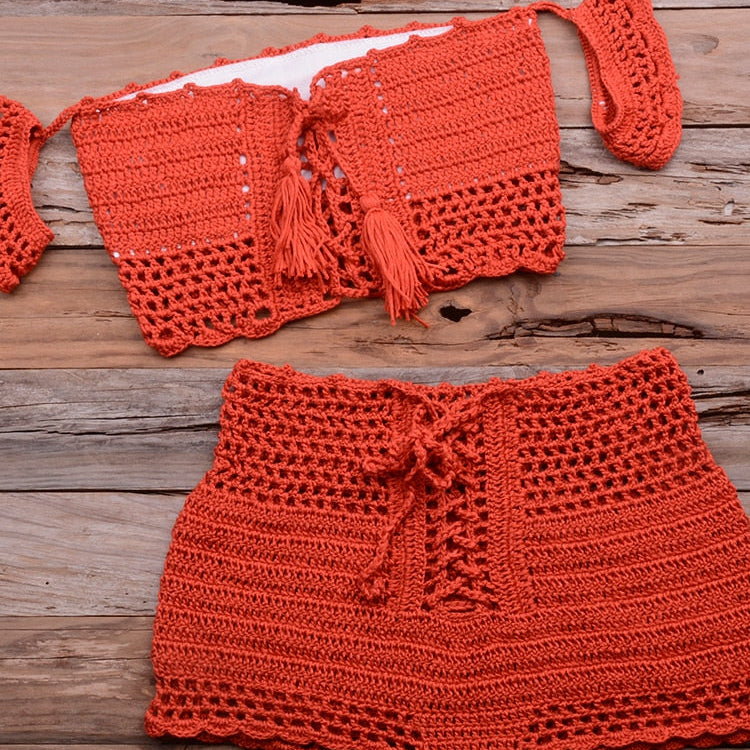 Fashion Beach Bikini Set Knitting Swimsuit Crochet Bohemia Style Off Shoulder Bathing Handmade Tassels Sexy Bikini Bra