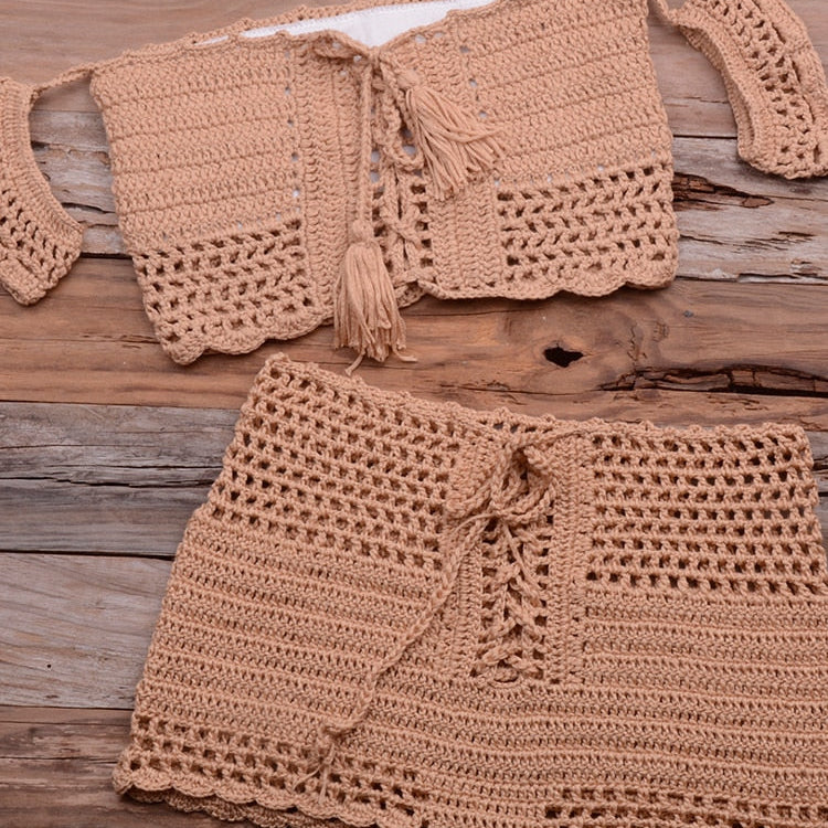 Fashion Beach Bikini Set Knitting Swimsuit Crochet Bohemia Style Off Shoulder Bathing Handmade Tassels Sexy Bikini Bra