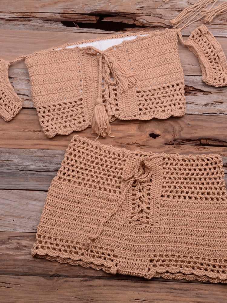 Fashion Beach Bikini Set Knitting Swimsuit Crochet Bohemia Style Off Shoulder Bathing Handmade Tassels Sexy Bikini Bra