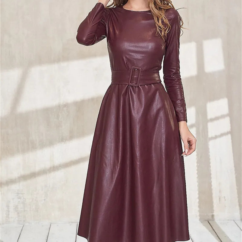 Fashion Belt Faux Leather Dresses Women Long Sleeve Slim Fit PU Dress Sexy Club Wear Autumn Winter