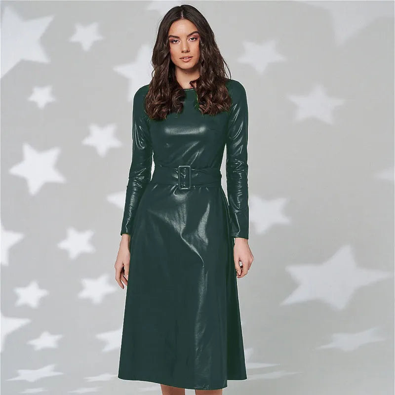 Fashion Belt Faux Leather Dresses Women Long Sleeve Slim Fit PU Dress Sexy Club Wear New Arrival Autumn Winter AMAIO