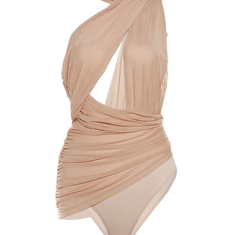 Fashion Bodysuit Sexy Halter Backless Hollow Jumpsuit Gauze Stitching High Waist Bodysuit Women's Statement Streetwear