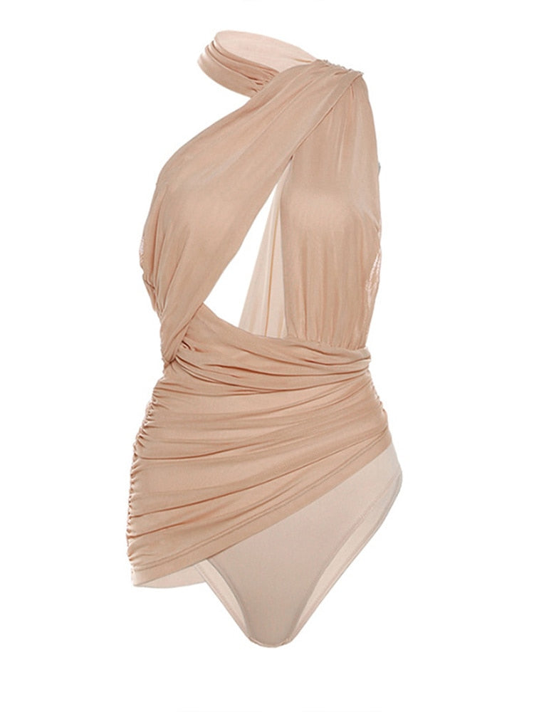 Fashion Bodysuit Sexy Halter Backless Hollow Jumpsuit Gauze Stitching High Waist Bodysuit Women's Statement Streetwear