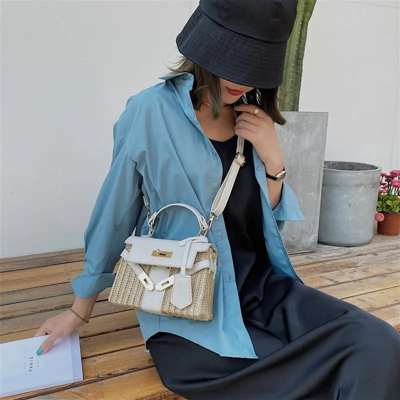 Fashion Box Straw Women Handbags Designer Wicker Woven Shoulder Crossbody Bags Chic Lock Pu Summer Beach Rattan Small Flap