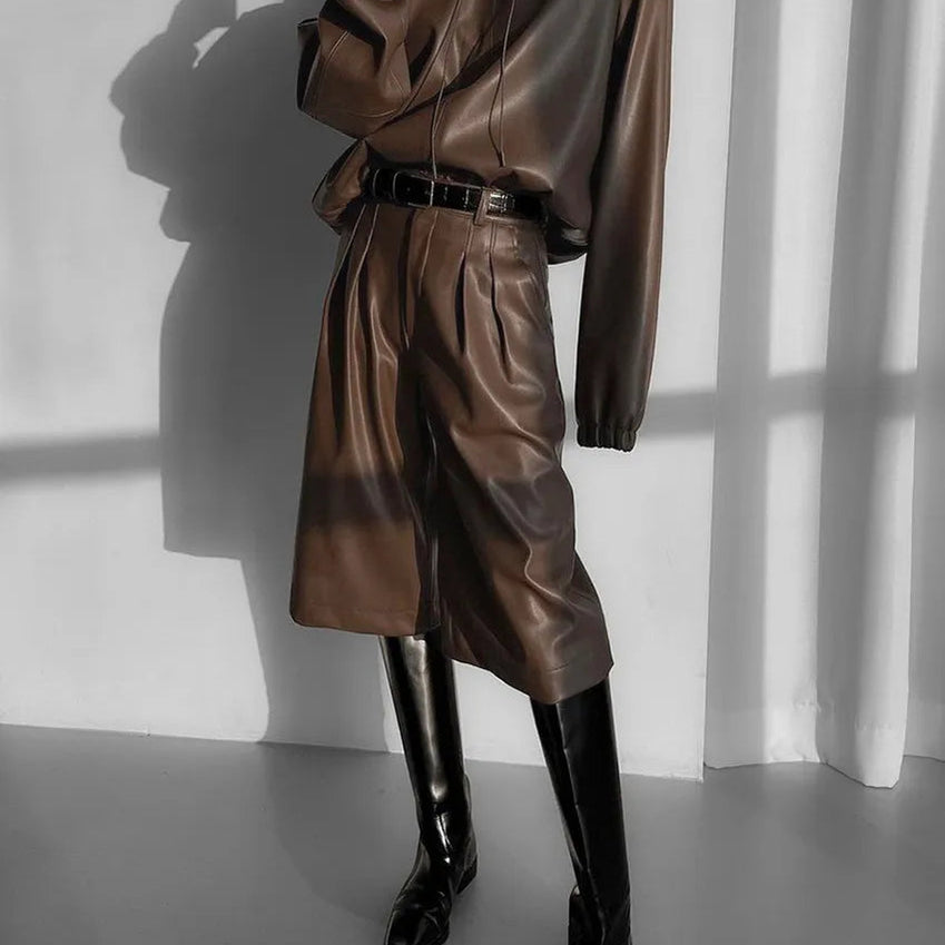 Fashion Brown Pu Leather 2 Piece Sets Women Outfit Winter Long Sleeve Hooded Shirt With High Waist Pants Set Female