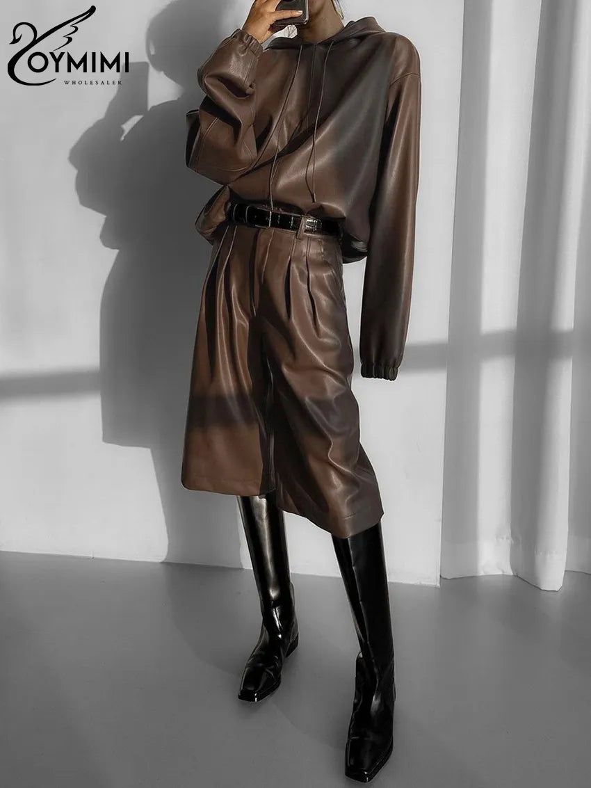 Fashion Brown Pu Leather 2 Piece Sets Women Outfit Winter Long Sleeve Hooded Shirt With High Waist Pants Set Female