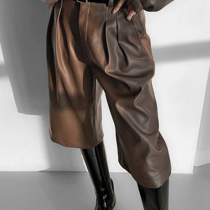Fashion Brown Pu Leather 2 Piece Sets Women Outfit Winter Long Sleeve Hooded Shirt With High Waist Pants Set Female
