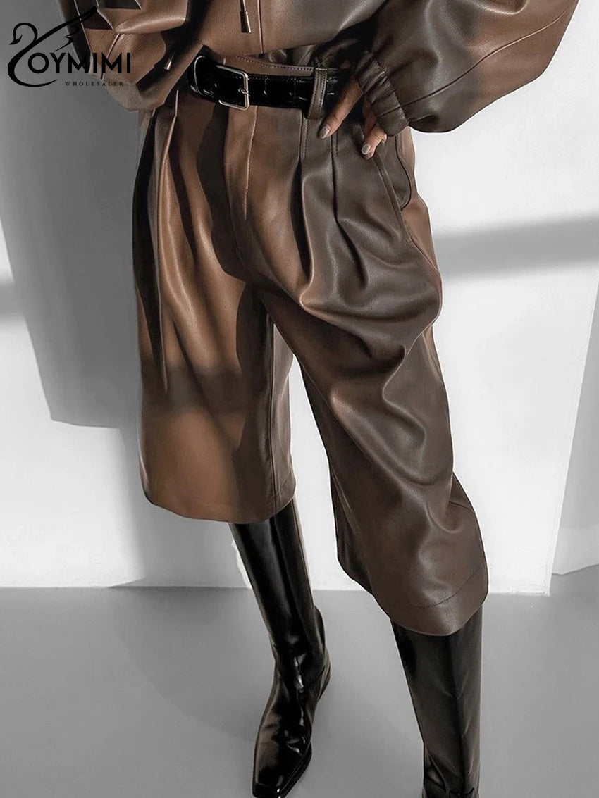 Fashion Brown Pu Leather 2 Piece Sets Women Outfit Winter Long Sleeve Hooded Shirt With High Waist Pants Set Female