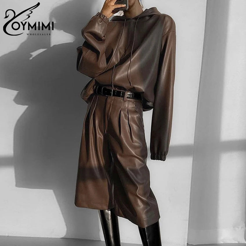 Fashion Brown Pu Leather 2 Piece Sets Women Outfit Winter Long Sleeve Hooded Shirt With High Waist Pants Set Female Brown