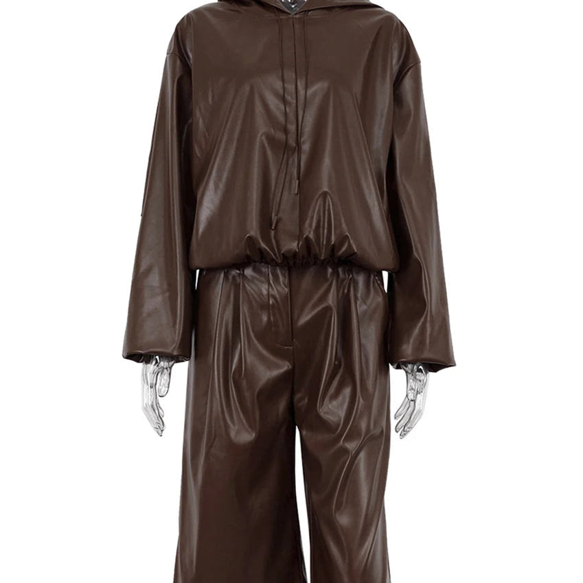 Fashion Brown Pu Leather 2 Piece Sets Women Outfit Winter Long Sleeve Hooded Shirt With High Waist Pants Set Female
