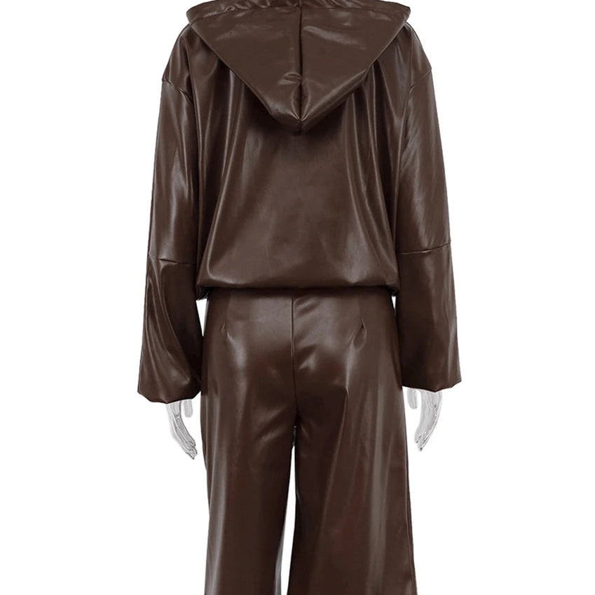 Fashion Brown Pu Leather 2 Piece Sets Women Outfit Winter Long Sleeve Hooded Shirt With High Waist Pants Set Female