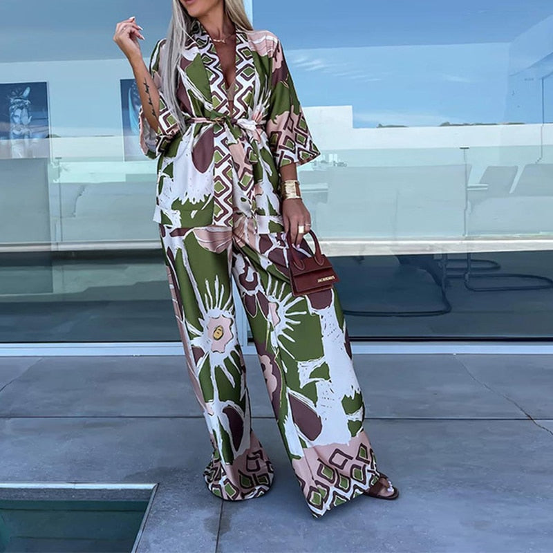 Fashion Casual Bohemia Print Loose Beach Set Spring Wide Leg Long Pants Suits Autumn Women Quarter-Sleeved Cardigan Shirt Outfit 02