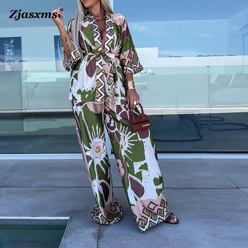 Fashion Casual Bohemia Print Loose Beach Set Spring Wide Leg Long Pants Suits Autumn Women Quarter-Sleeved Cardigan Shirt Outfit AMAIO