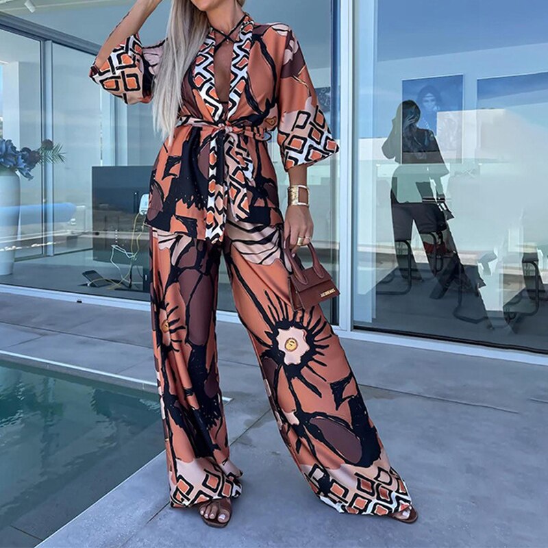Fashion Casual Bohemia Print Loose Beach Set Spring Wide Leg Long Pants Suits Autumn Women Quarter-Sleeved Cardigan Shirt Outfit 01