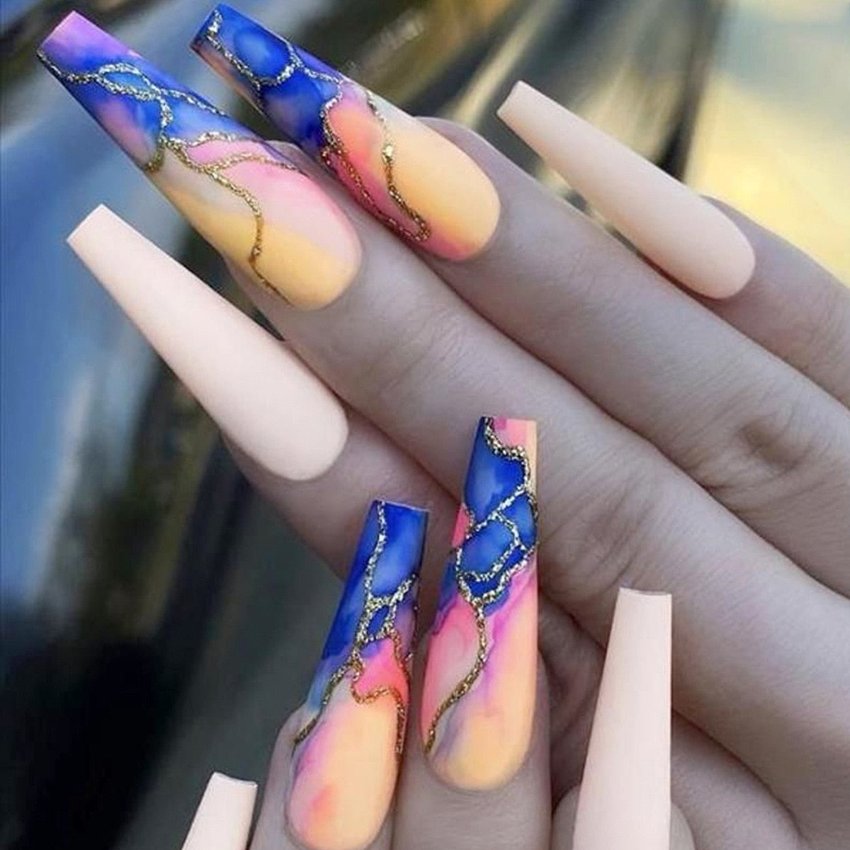 Fashion Colorful Butterfly False Nail Tips With Designs French Coffin Manicure Middle Long Ballerina Fake Nails Set Press on Nai A4