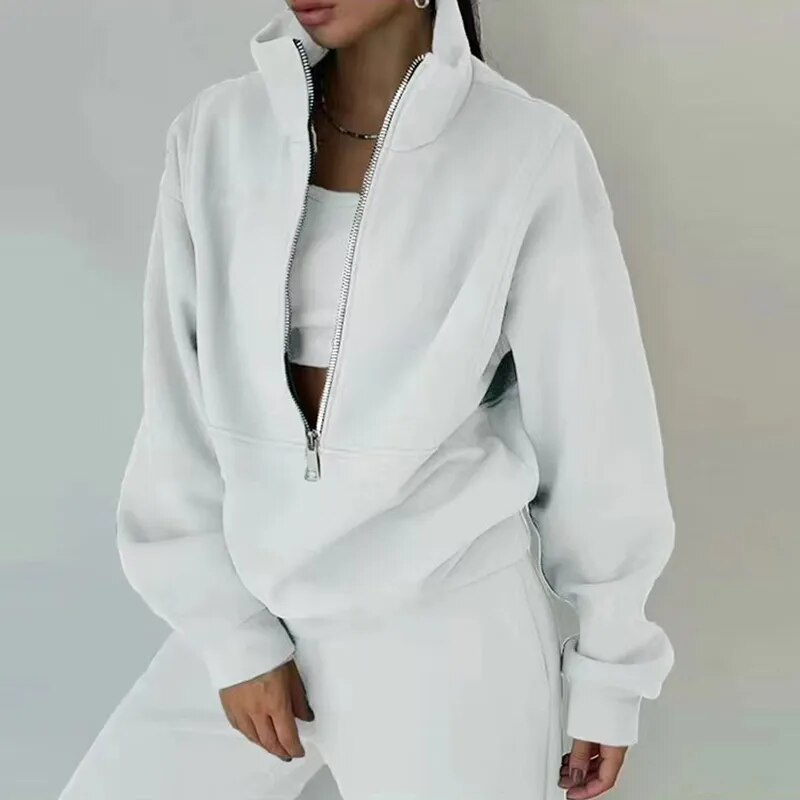 Fashion Comfortable Hooded Women Tracksuit 2Pc Set Casual Street Solid Simple Suits New Loose Hoodie Straight Long Pants Outfits White